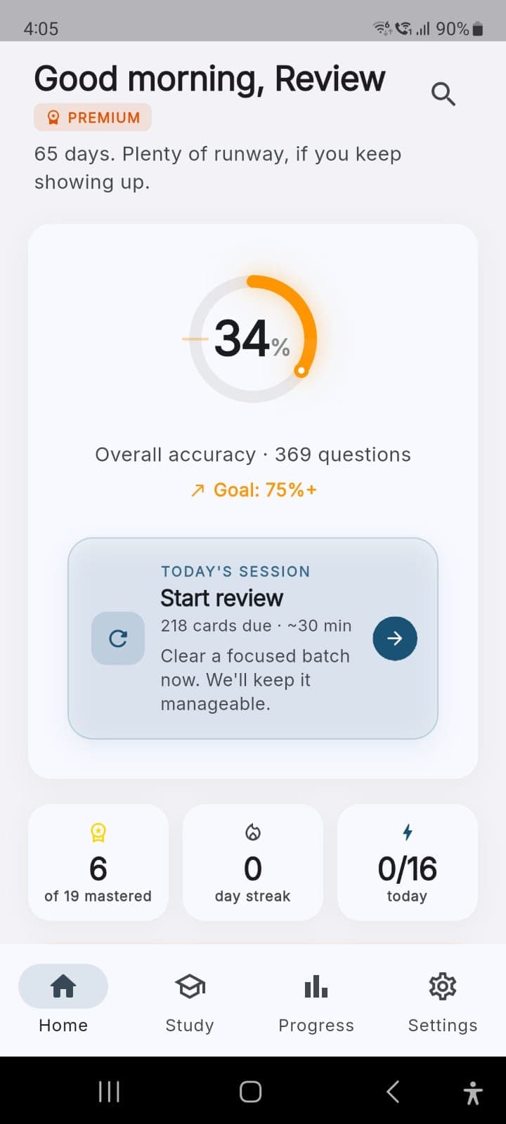 Pass Florida app home screen showing study modes and exam prep tools