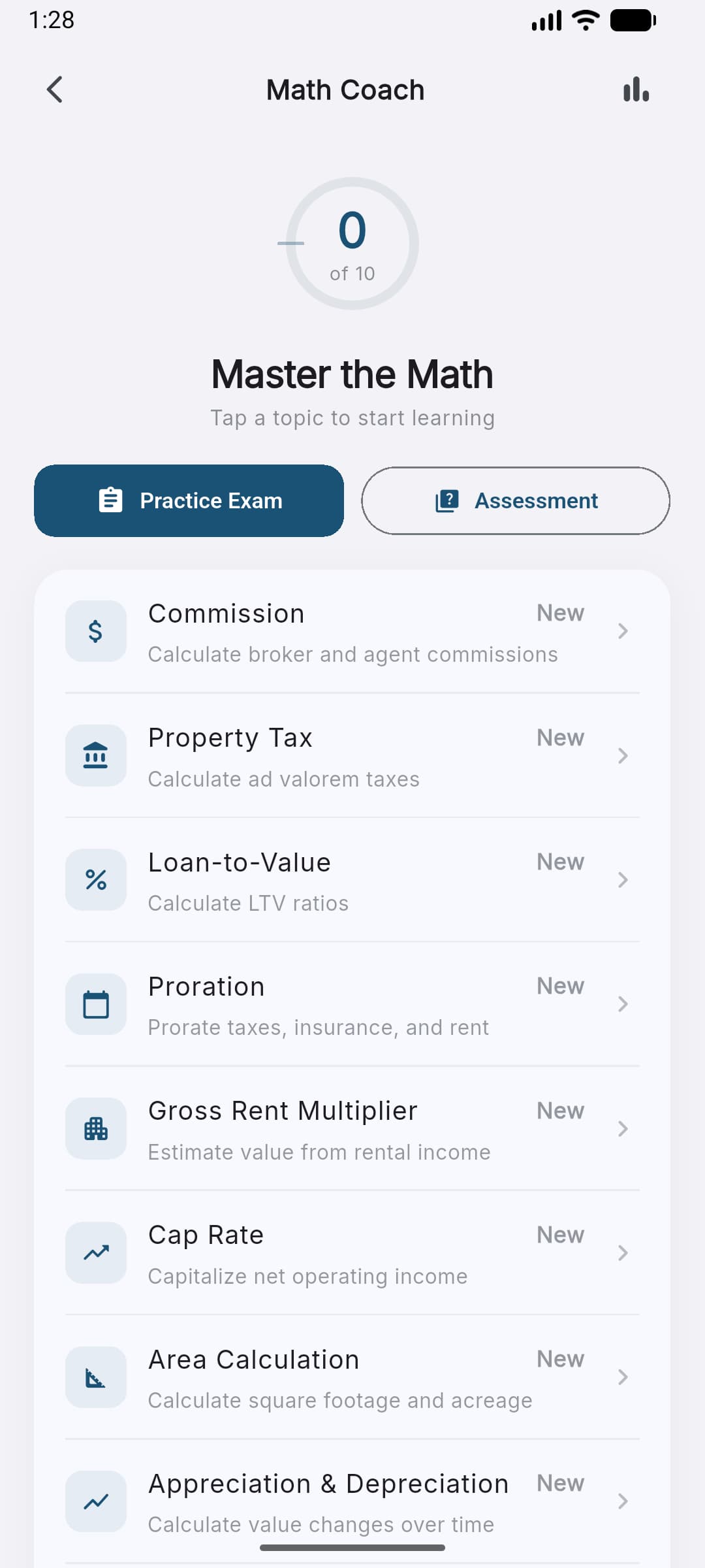 Pass Florida Math Coach screen showing guided real estate exam math practice