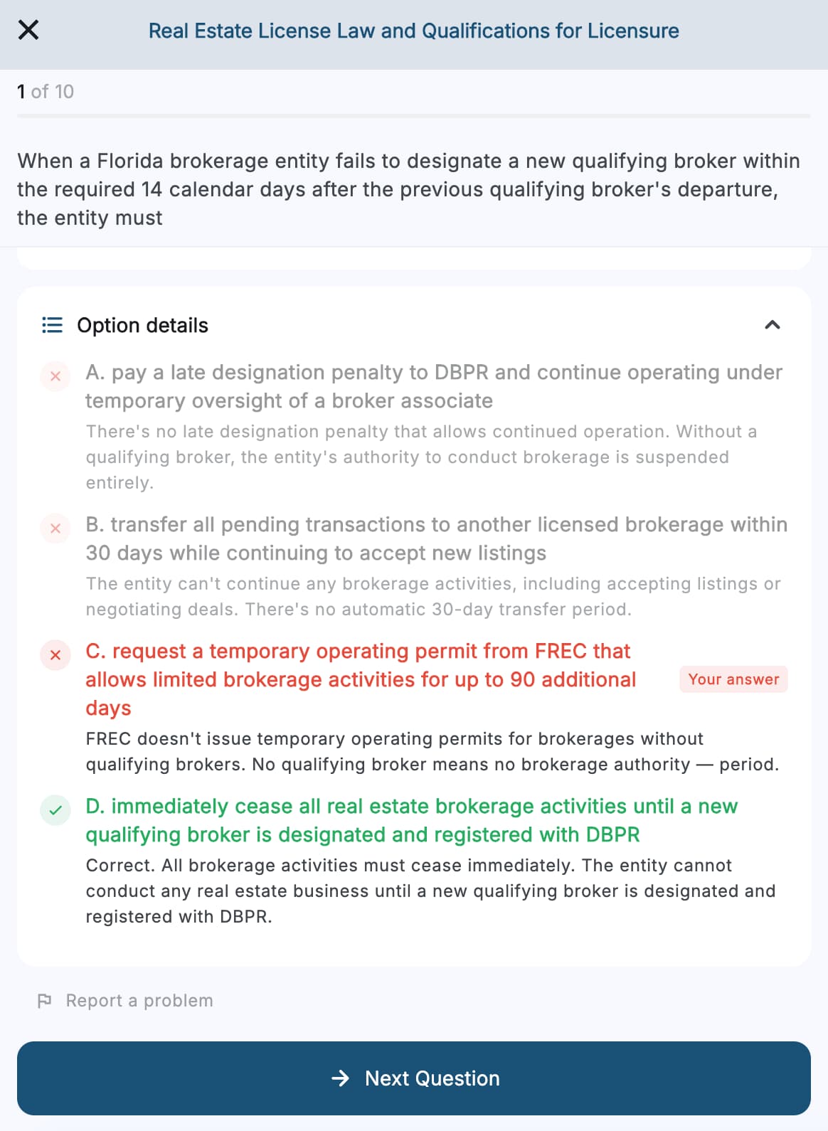 Pass Florida app question screen with answer explanation
