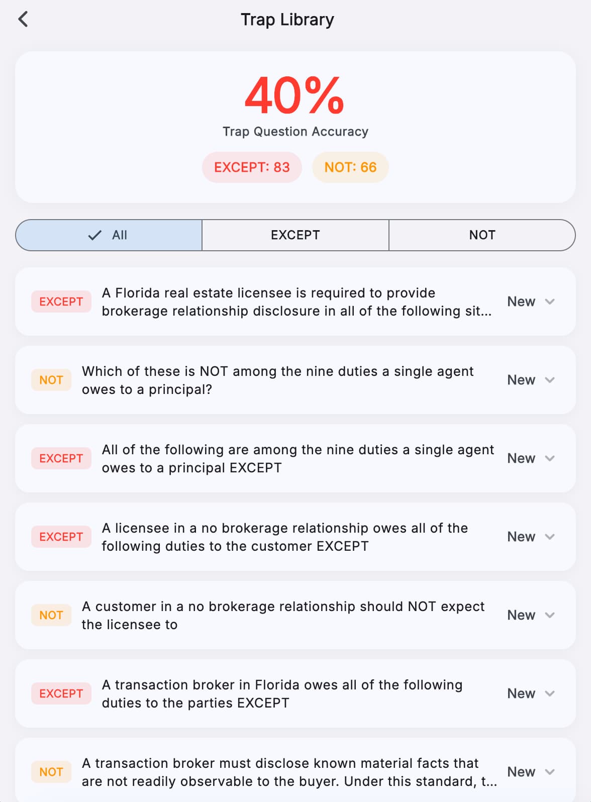Pass Florida Trap Library screen showing missed-question pattern review